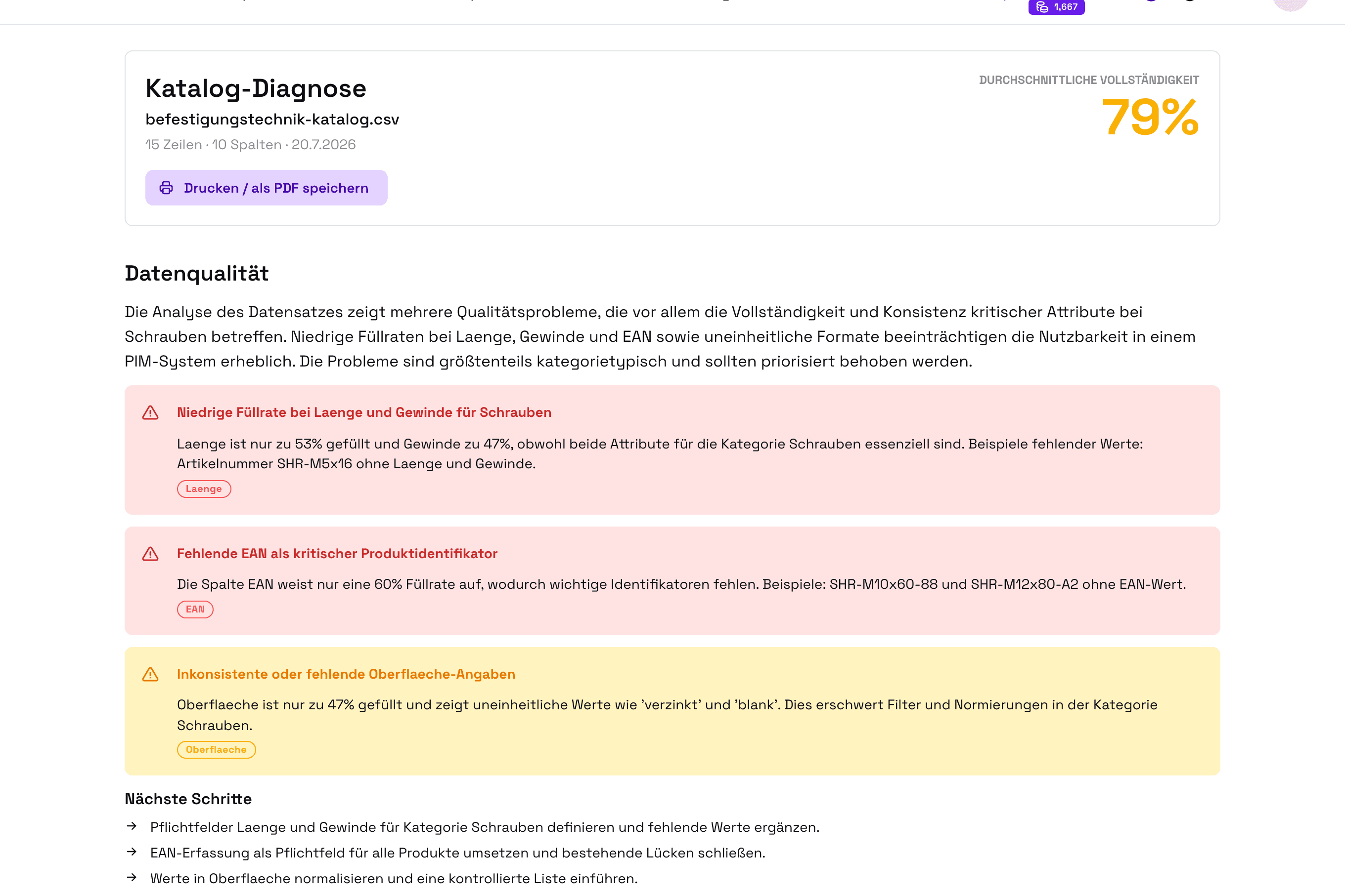FacetFlux Katalog-Diagnosebericht: Vollständigkeits-Score, Füllraten und erkannte Produkttypen