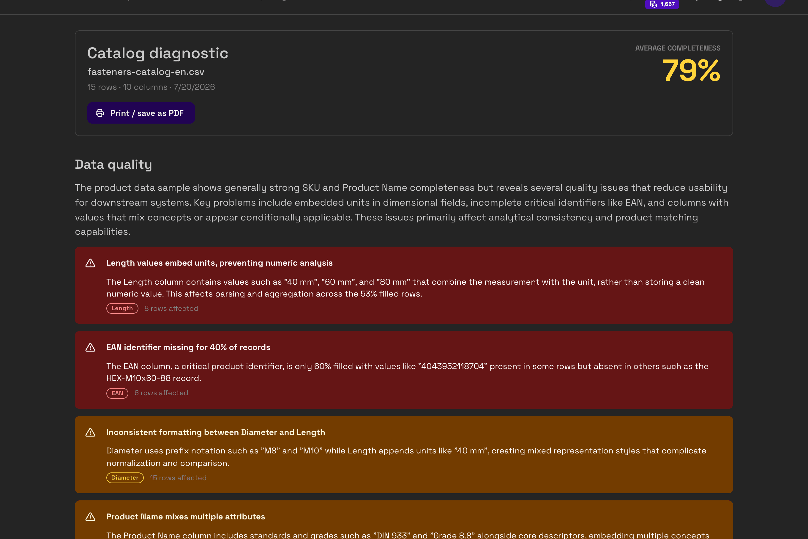 FacetFlux catalog diagnostic report: completeness score, fill rates, and detected product types