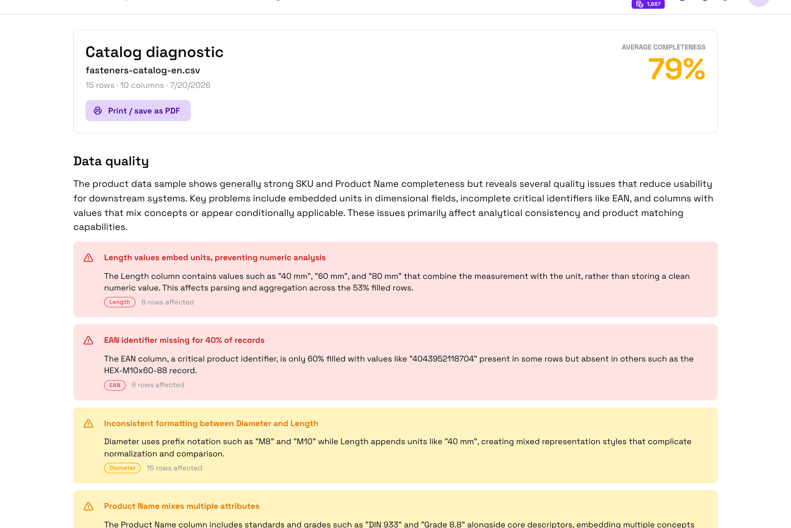 FacetFlux catalog diagnostic report: completeness score, fill rates, and detected product types